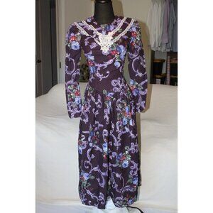 Vtg Gunne Sax Prairie Floral Lace Maxi Dress Size 3/4 Purple Renaissance Peasant
